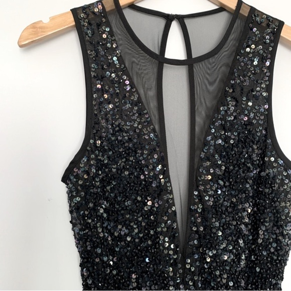 Festival Sparkle Sequin Sleeveless Deep V Mesh Cut Out Mini Dress in Black (S)